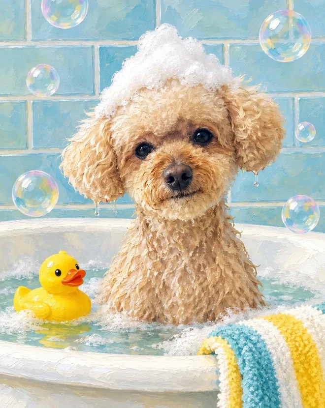 Charlie the cavoodle soaked in a white bathtub with shampoo foam on her head, a yellow rubber duck and soap bubbles (style example)