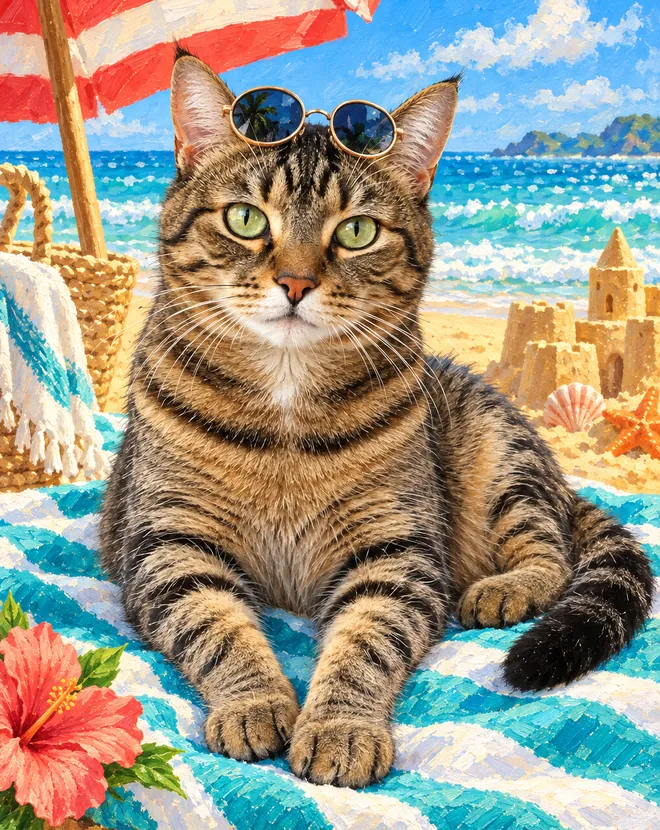 Tabby cat as a Beach Day portrait on a beach towel