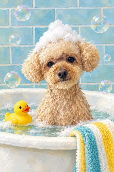 AI portrait of Charlie in the Bath Time style, soaked in a white bathtub with shampoo foam on her head and a yellow rubber duck