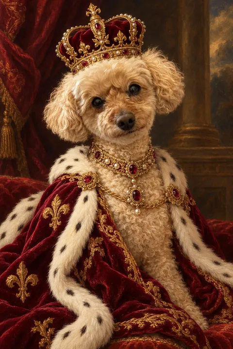 AI portrait of Charlie the Cavoodle in the Royal Highness style, with a jewelled crown and crimson velvet robe