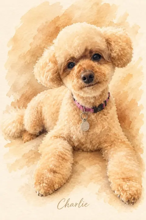 AI watercolour portrait of Charlie the Cavoodle in soft apricot washes