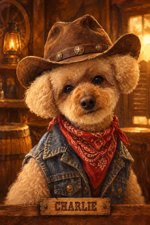 AI portrait of Charlie in the Wild West style, with a cowboy hat, red bandana and denim jacket