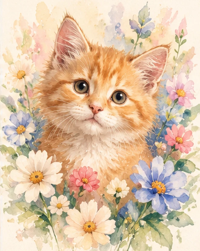 Ginger kitten as an In Bloom floral cat portrait