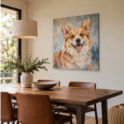 Corgi canvas style artwork above a dining table