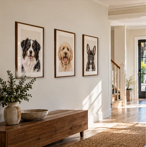 Hallway gallery wall with three matching framed dog artworks