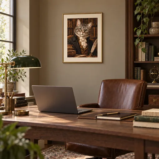 The Scholar style cat portrait in a slim gold frame above a walnut desk