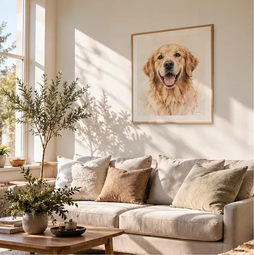 Example of a watercolour golden retriever portrait framed over a cream sofa in a sunlit living room