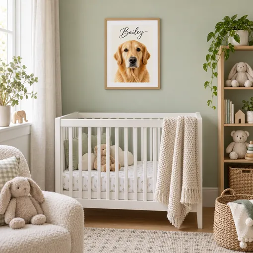 Signature Name style golden retriever print with the name Bailey above a white cot in a sage nursery
