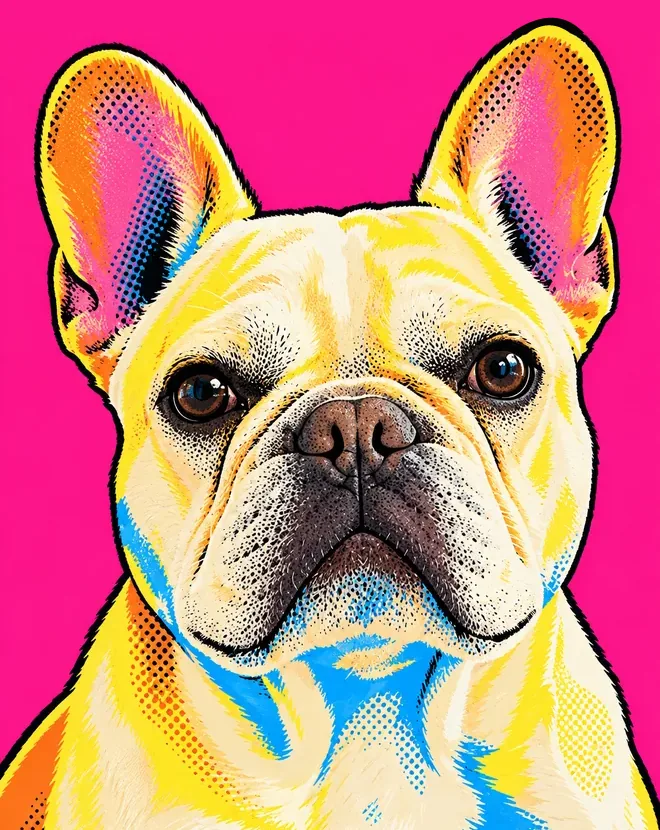 pop art pet portrait with bright colour blocks and black outlines (style example)
