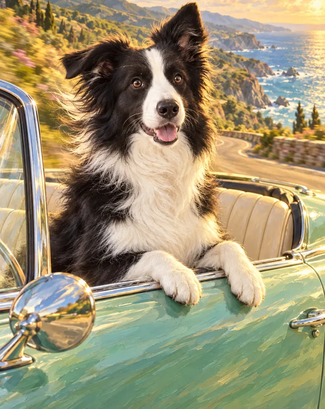 pet riding in the passenger seat of a mint-green vintage convertible on a coastal road (style example)