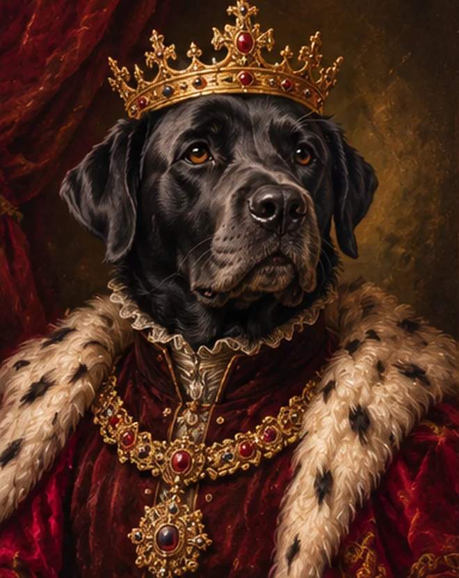 Black labrador as a Royal Highness dog portrait with a crown and red robe