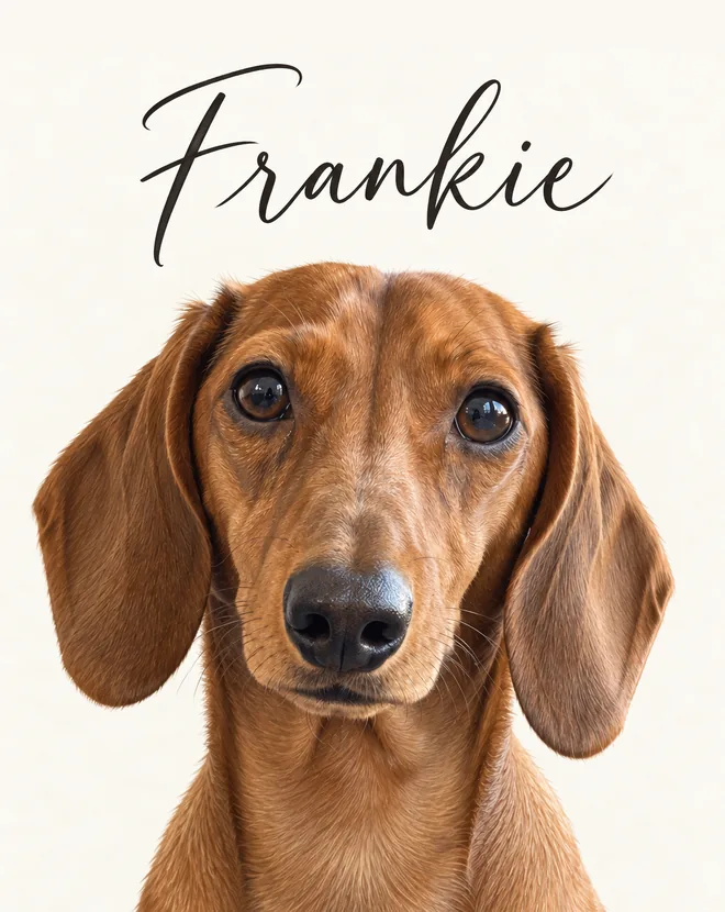 minimal pet portrait with the pet’s name in black script (style example)