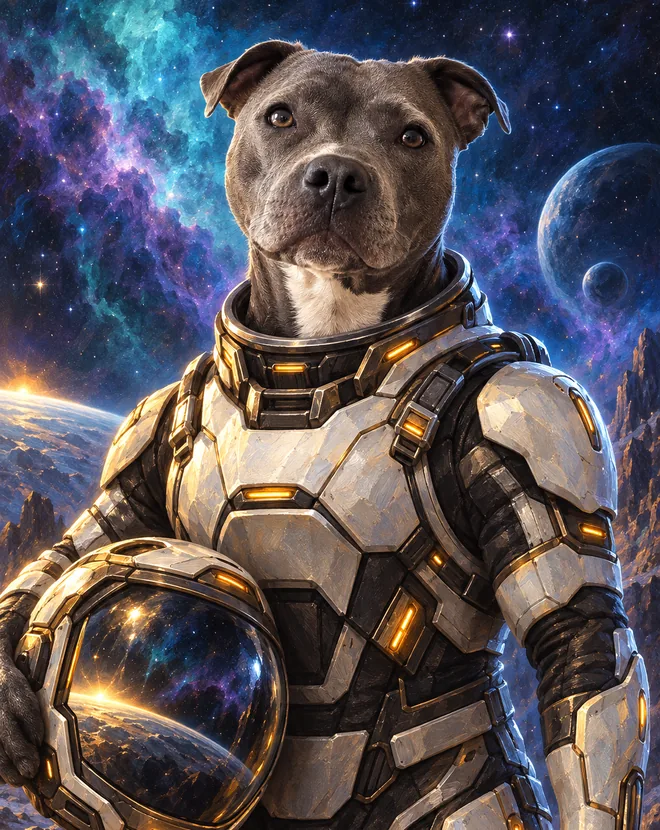 pet portrait as an astronaut in space armour against a starfield (style example)