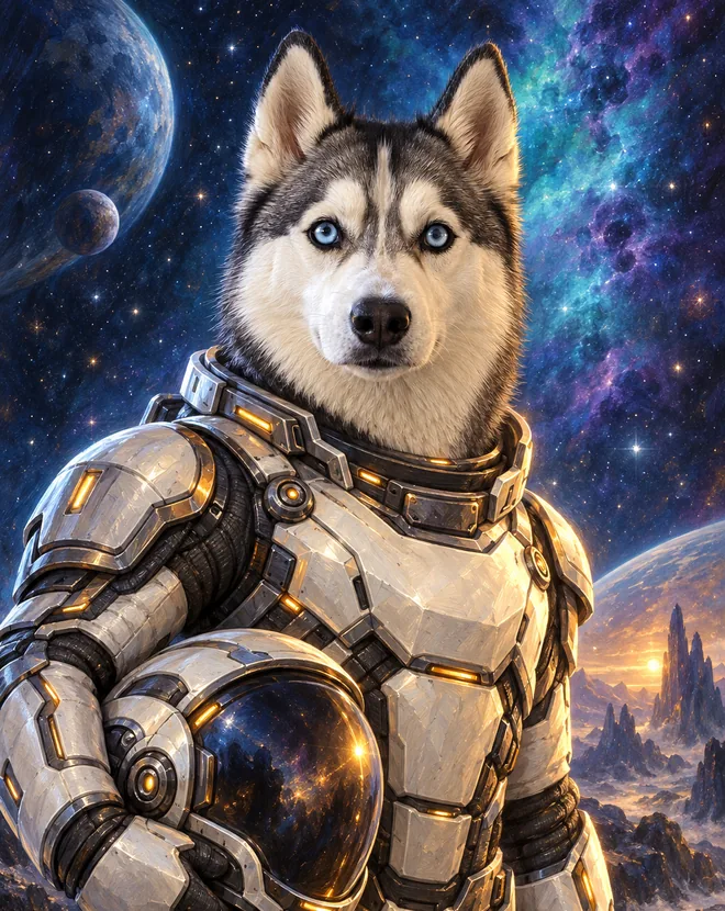 Husky as an astronaut portrait in space armour