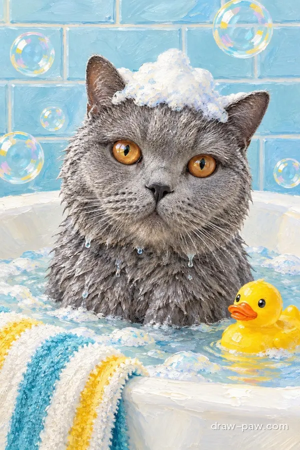 Grey British Shorthair cat as a Bath Time portrait, soaked in a bathtub with shampoo foam and a rubber duck