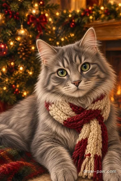 Example portrait: grey tabby cat as a Cosy Christmas portrait in a cream and cranberry scarf by the fireplace