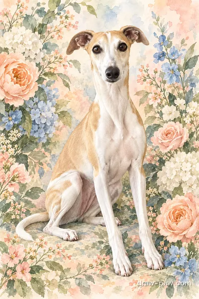 Whippet as an In Bloom floral portrait