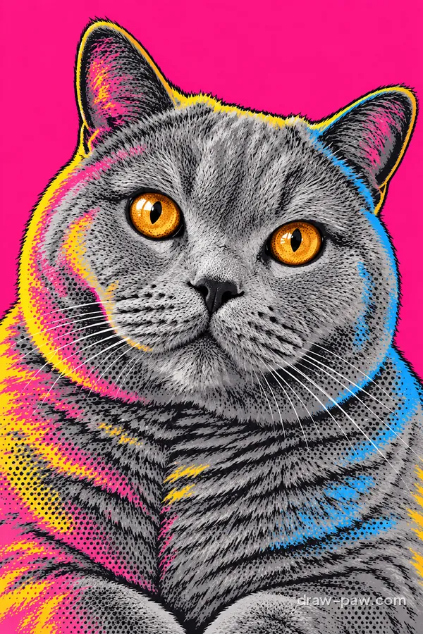 Grey British Shorthair cat as a Pop Art portrait