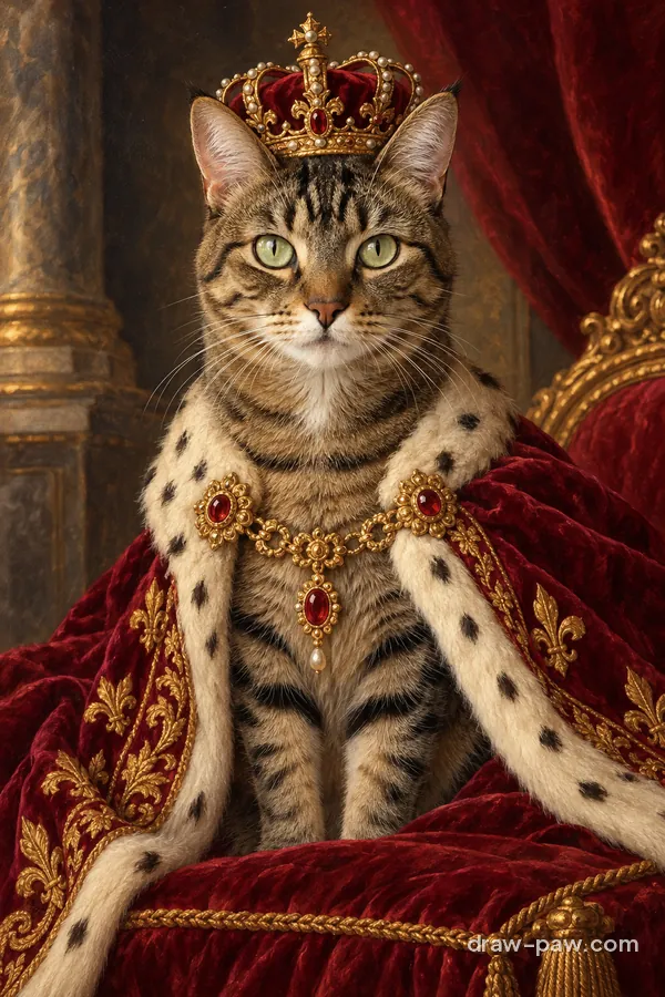Tabby cat as a Royal Highness portrait with a crown and royal robe