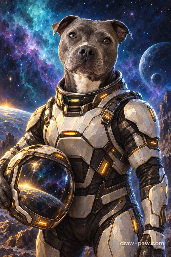 Staffy as a Space Knight portrait in space armour