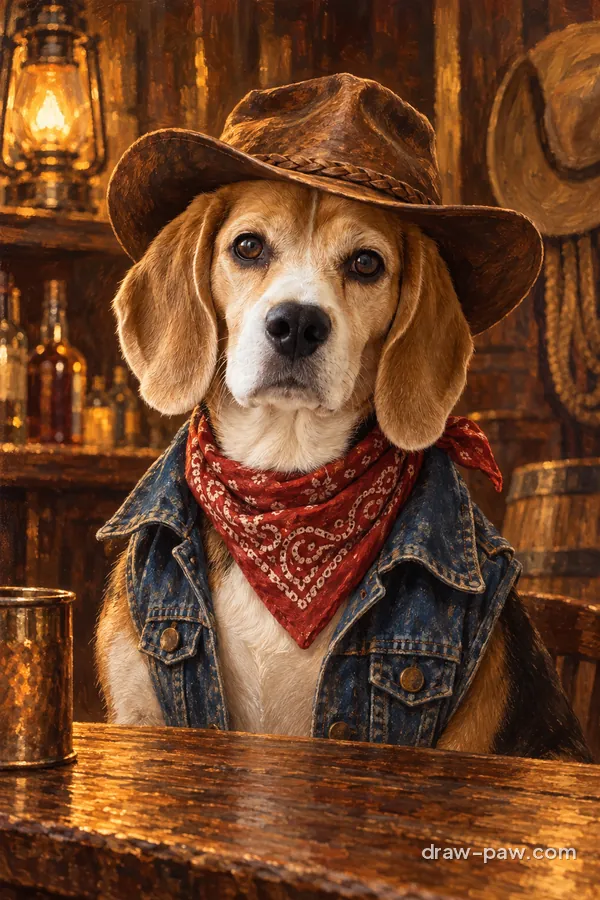 Beagle as a Wild West portrait with a cowboy hat and bandana