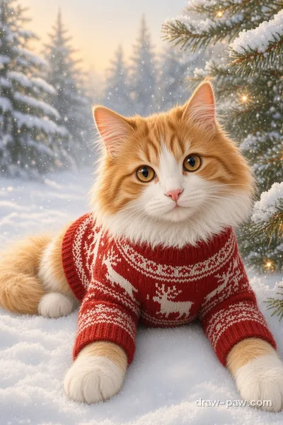 Example portrait: ginger and white cat as a White Christmas portrait in a red reindeer jumper in the snow