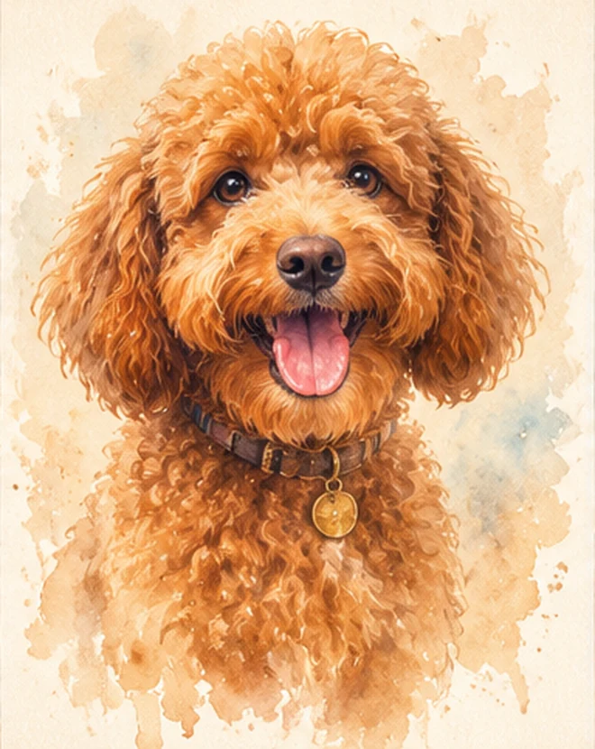Soft golden watercolour painting of a happy dog