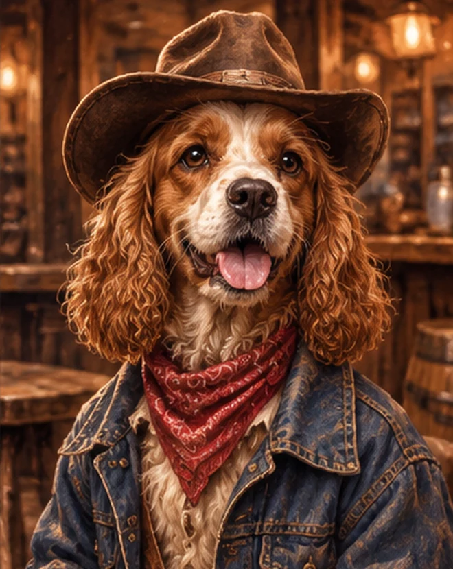 cowboy pet portrait with brown hat, red bandana and denim jacket (style example)