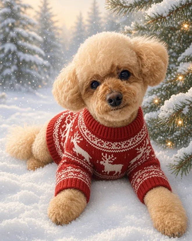 White Christmas pet portrait in fresh snow in a snow-dusted pine forest (style example)